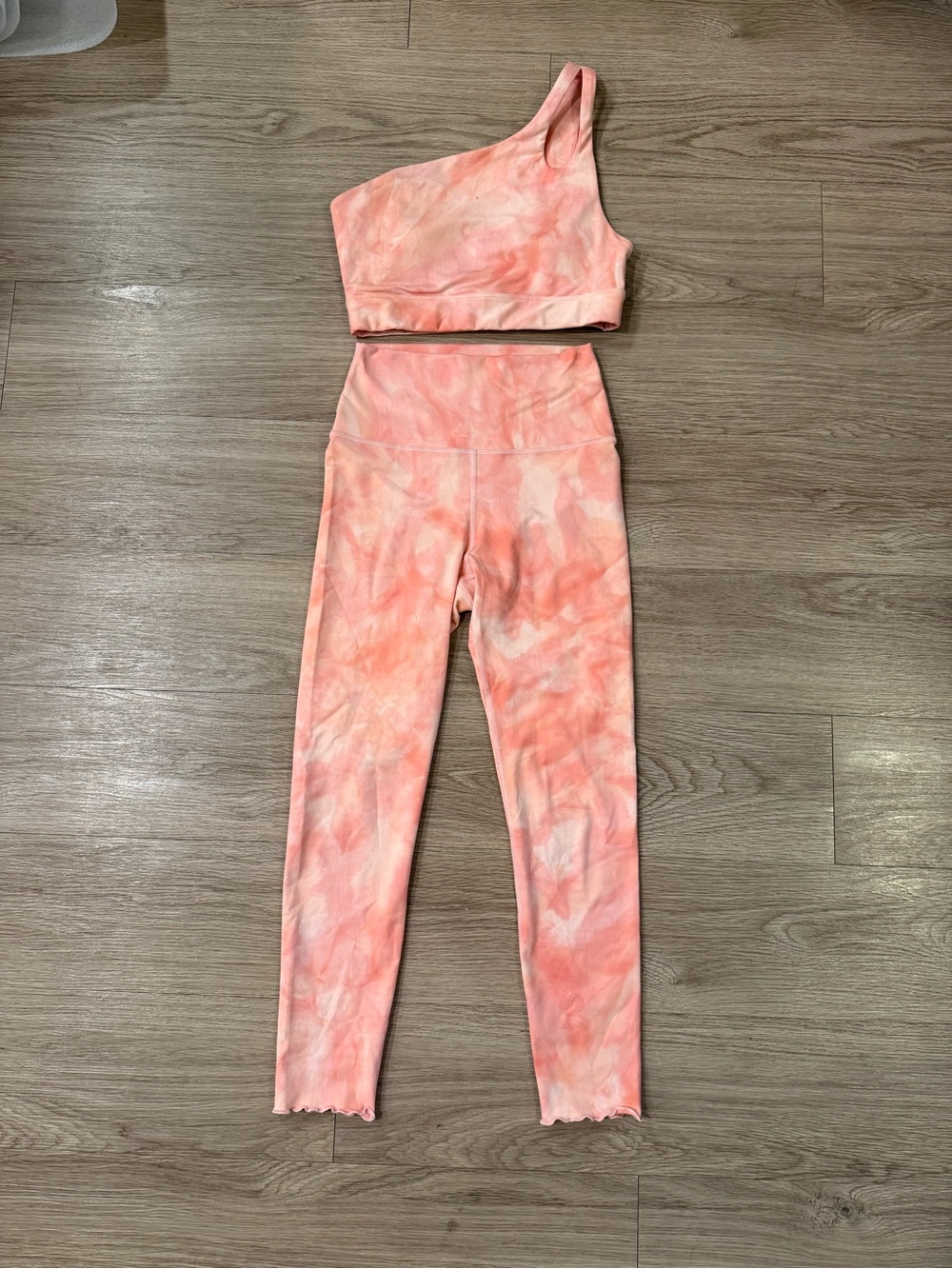 Carbon38 Peach Tie-Dye One-Shoulder Crop Top & High-Waist Leggings Set